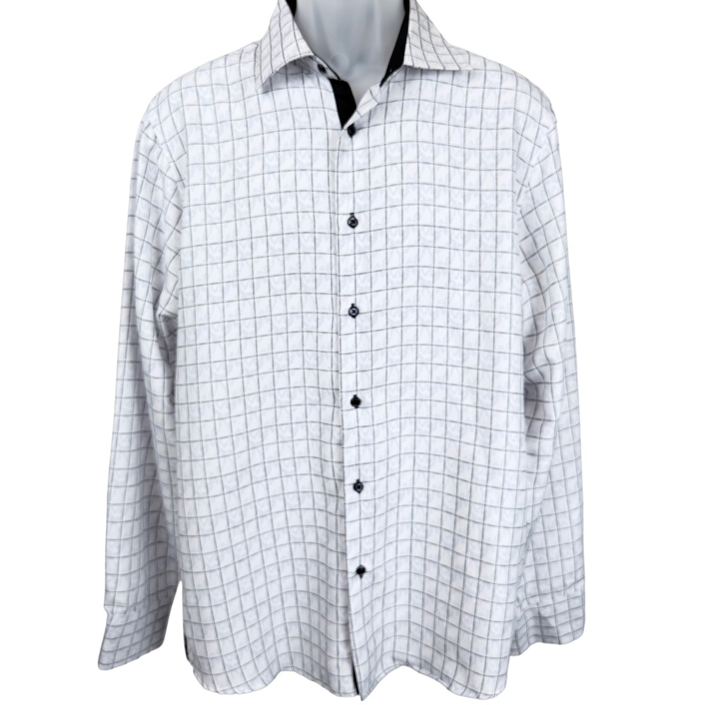 Silver Stone Modern Fit Windowpane Button Down Shirt White Black Blue XL 65/35